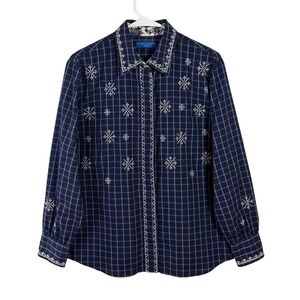 Karen Scott Sport Navy Blue Grid Snowflake Embroidered Button Down Shirt Medium